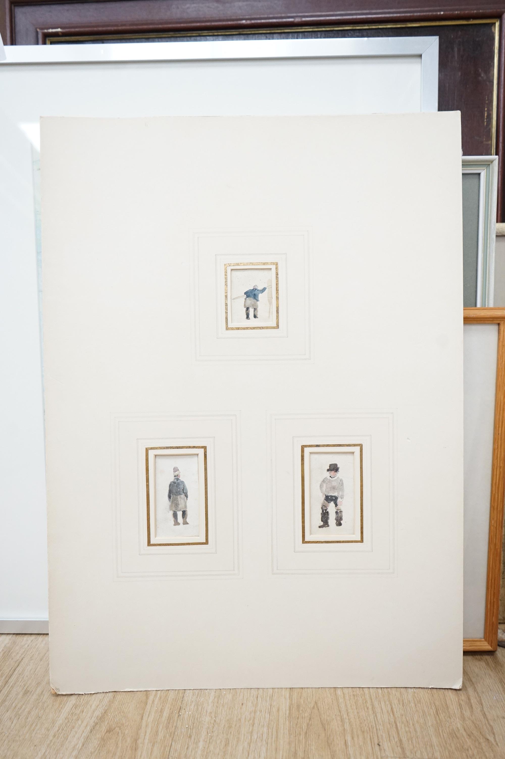 Manner of Helen Allingham (1848-1926), five miniature watercolours, comprising Studies of figures and large white butterflies, three mounted as one, one with details verso, largest 12 x 12cm, one framed